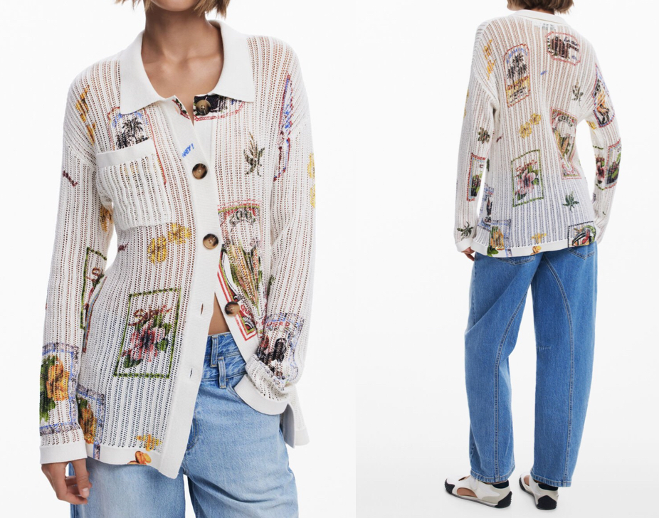 desigualホワイトのプリント柄カーディガン