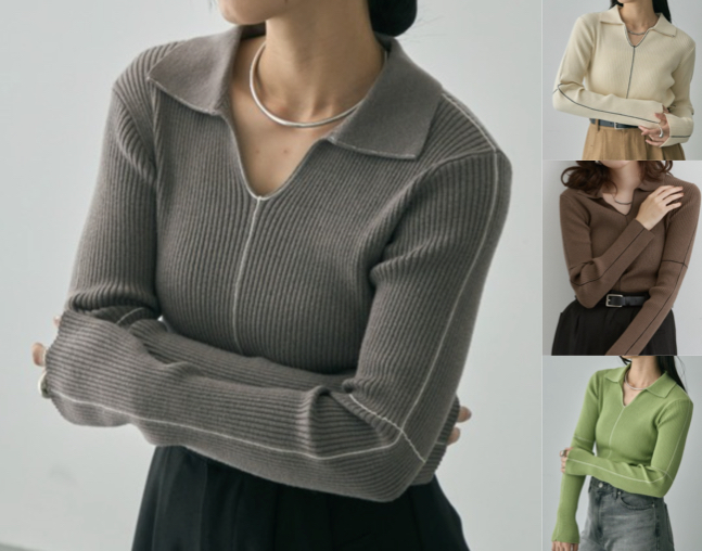 DFFUR.(ディフル)グレーの襟付きラインリブニット