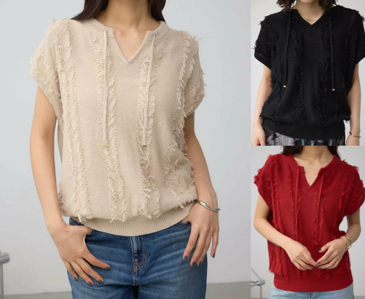 AZUL BY MOUSSY(マウジー)ベージュのフリンジニット