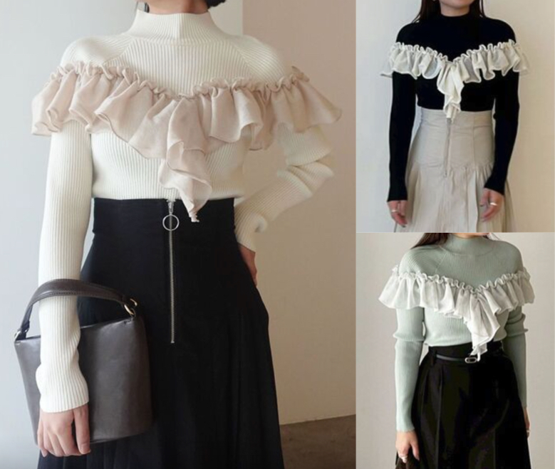 LAGUNAMOON(ラグナムーン)ホワイトのバイカラーラッフルニット