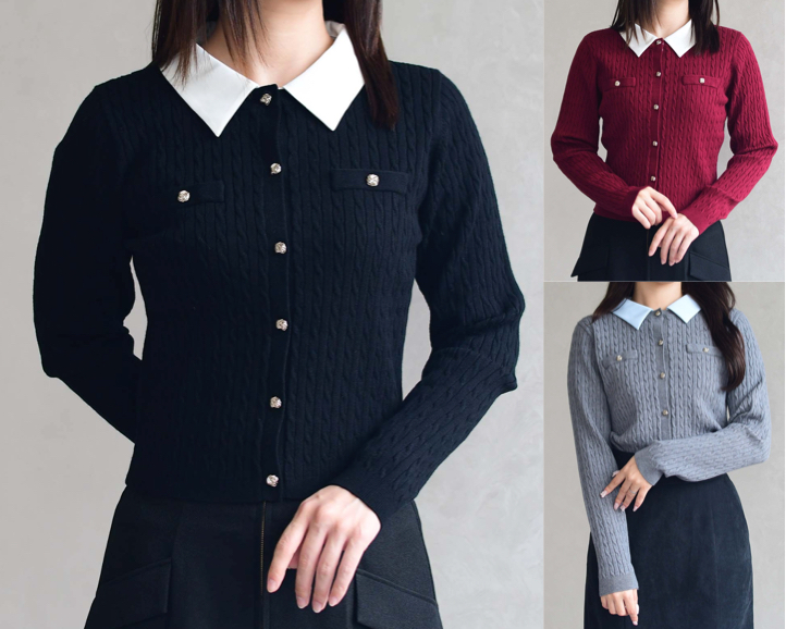 MISCH MASCH(ミッシュマッシュ)ブラックのシャツ襟付きケーブルカーディガン