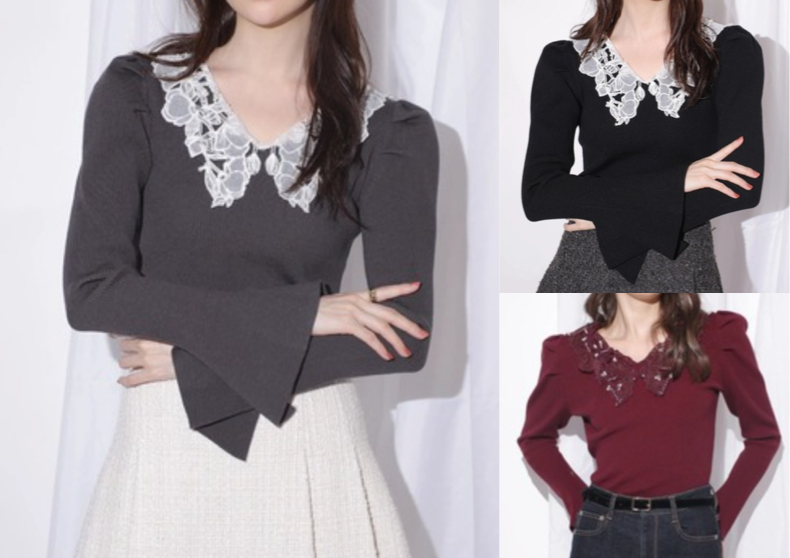 Rirandture(リランドチュール)グレーのパールレースカラーニット