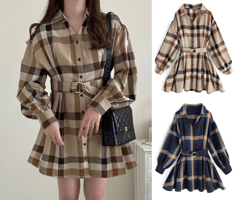 GRL（グレイル）ベージュのチェック柄ミニシャツワンピース