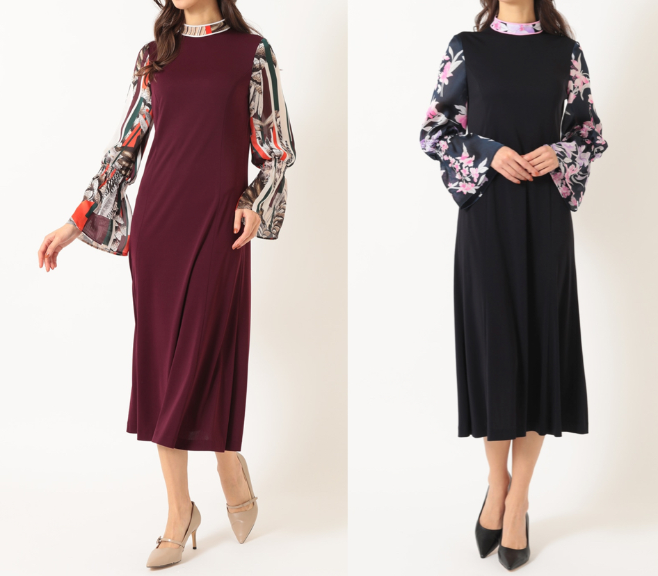 LEONARD（レオナール）ボルドーの花柄ワンピース