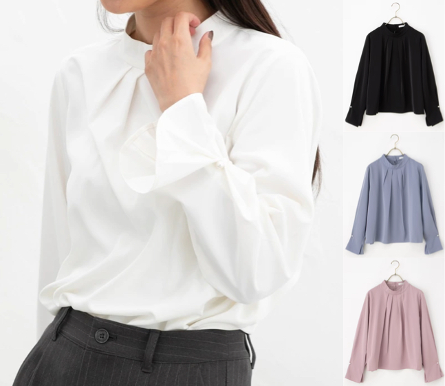 GLACIER（グラシア）ホワイトの袖パールブラウス