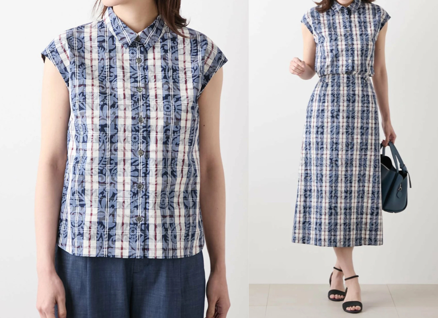 NEWYORKER WOMEN(ニューヨーカー)ネイビーのペイズリー&チェック柄フレンチスリーブブラウス