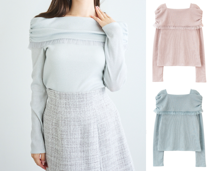 LILLIAN CARAT（リリアンカラット）シルバーのオフショルラメニット