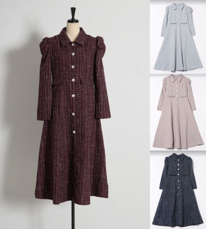 tocco closetボルドーのツイードデザインワンピース