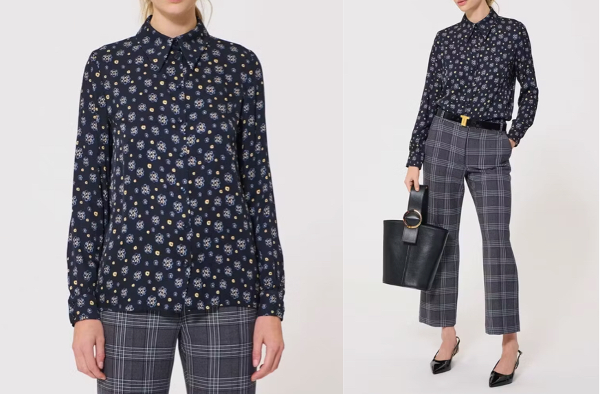 TARA JARMONネイビーの小花がらシャツブラウス