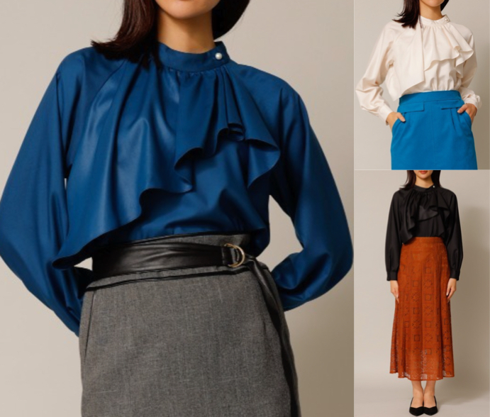 TONALブルーのフリルブラウス