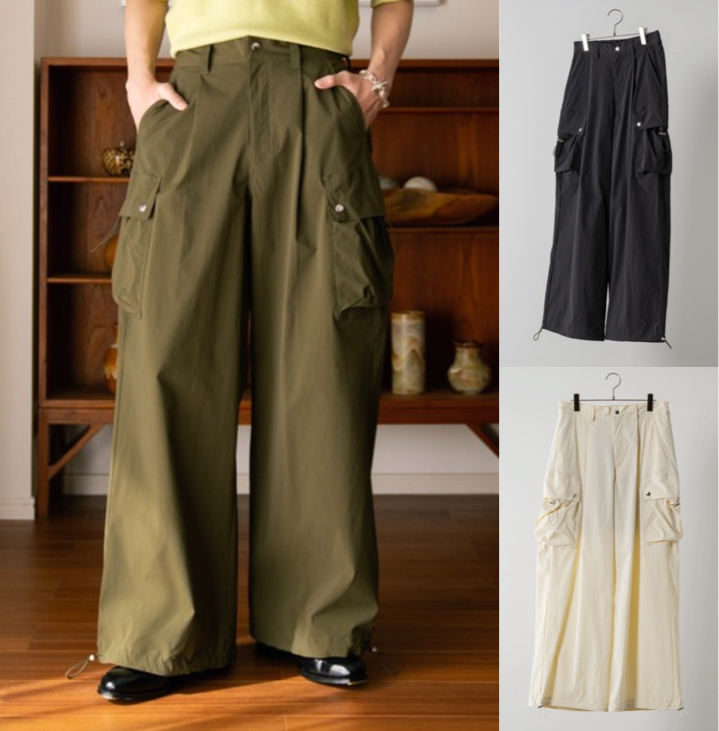 soerte（ソエルテ）カーキのナイロンカーゴパンツ