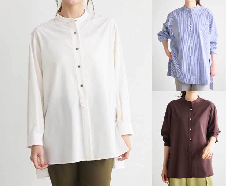 LOUNOE(ルーニィ)ホワイトのバンドカラーチュニックシャツ