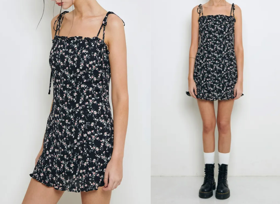 musinsaブラックの小花がらミニドレス