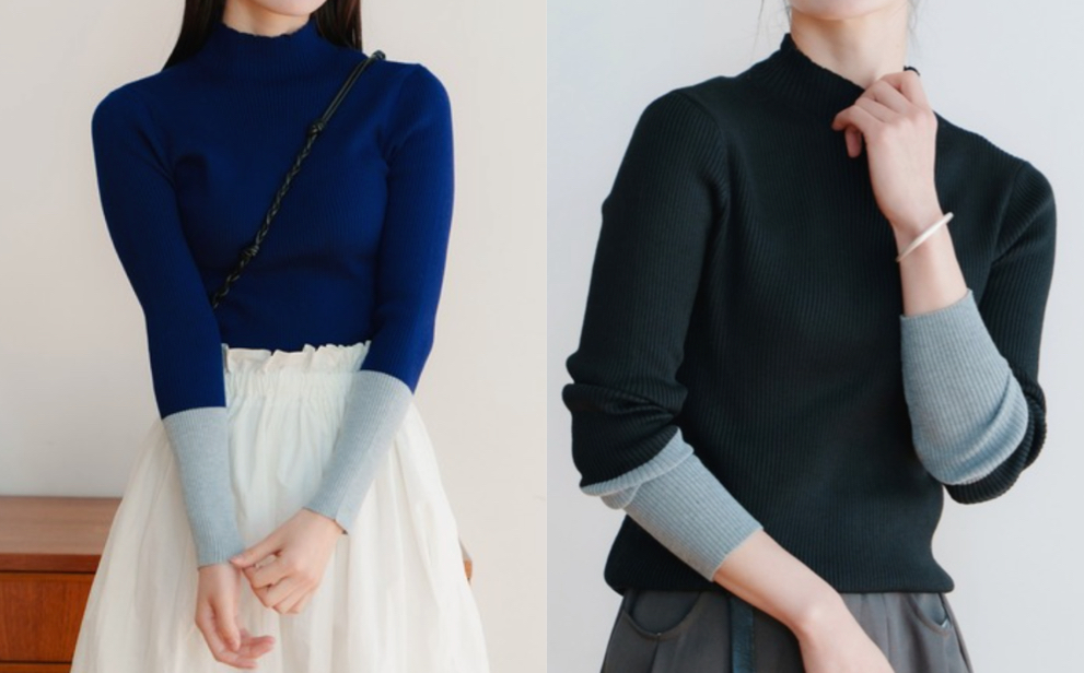 LIENCOEUR(リアンクール)ブルーのバイカラーハイネックニット