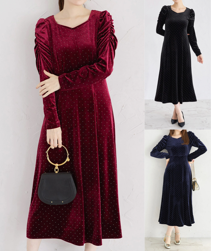 tocco closet（トッコクローゼット）ボルドーのベロアワンピース