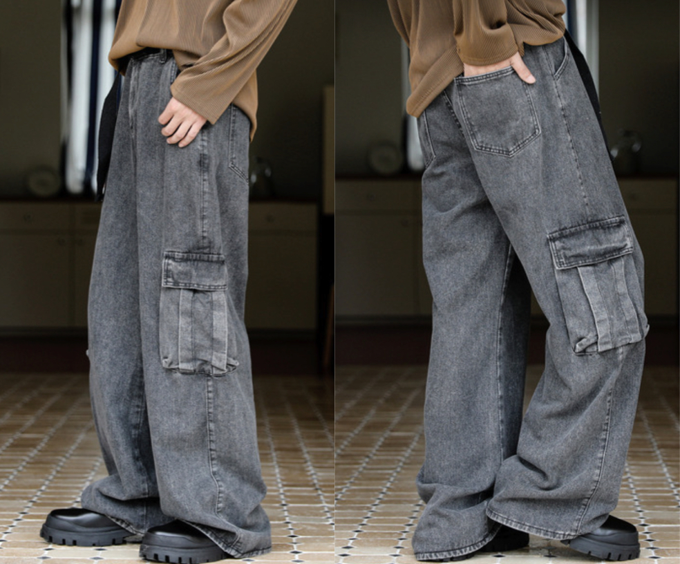 neos（ネオス）グレーのカーゴデニムパンツ