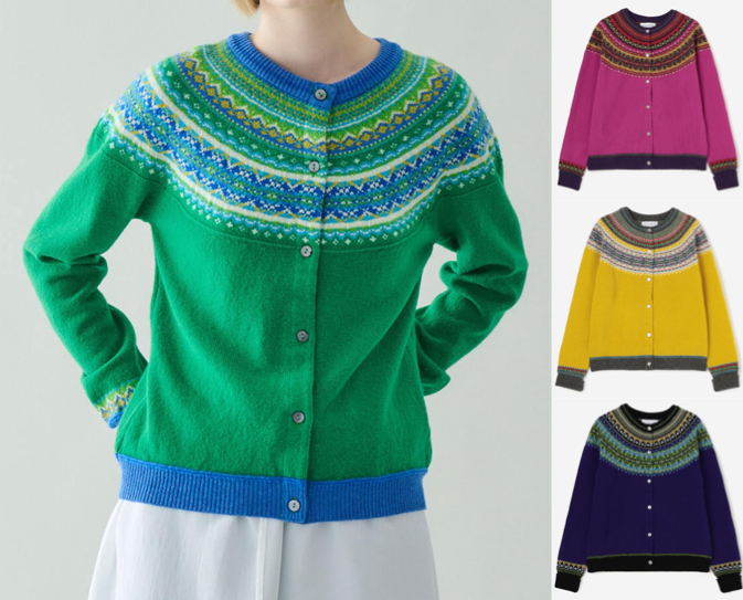 ERIBE(エリベ)グリーンxブルーのノルディック柄カーディガン