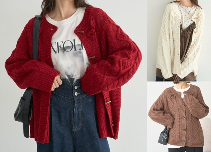 earth music&ecology（アースミュージック&エコロジー）ボルドーのフラワーモチーフニットカーディガン