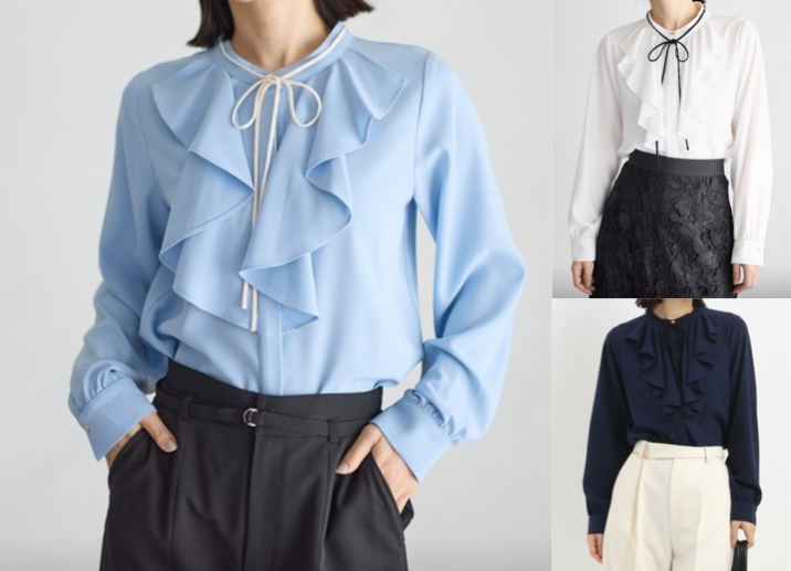 Andemiu（アンデミュウ）ライトブルーのフロントフリルリボンブラウス