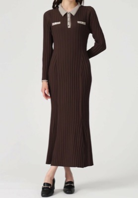 MISCH MASCH（ミッシュマッシュ）ブラウンの配色ポロ衿ニットワンピース