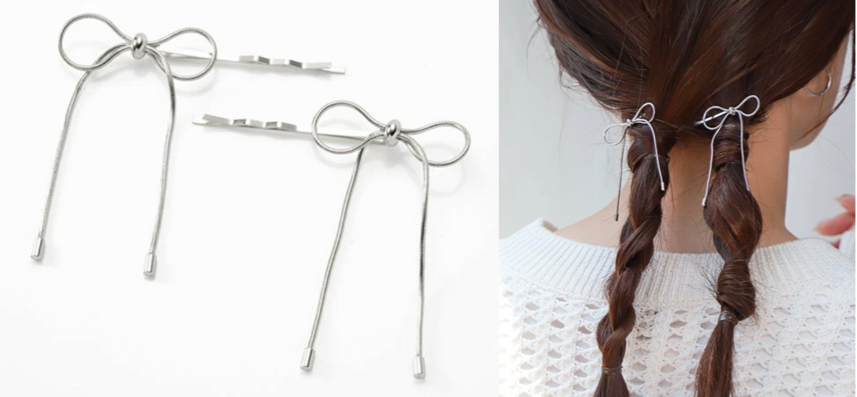 cream-dot（クリームドット）シルバーのリボンヘアピン