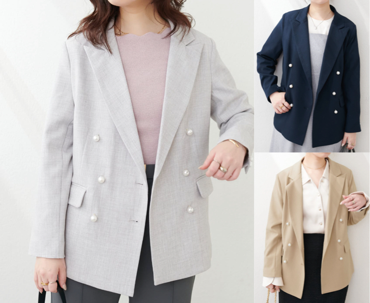 natural couture(ナチュラルクチュール)グレーのパールテーラードジャケット