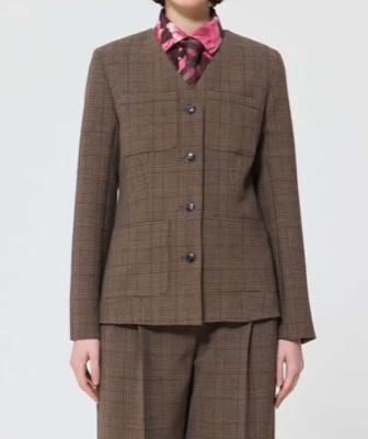 TARA JARMON（タラ ジャーモン）ブラウンのチェック柄ノーカラージャケット