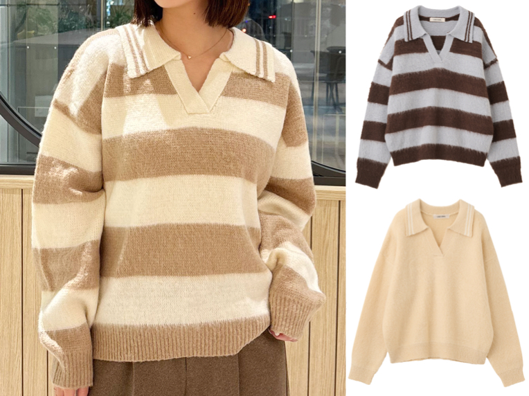 COCO DEAL（ココディール）ベージュ系のボーダースキッパーニット