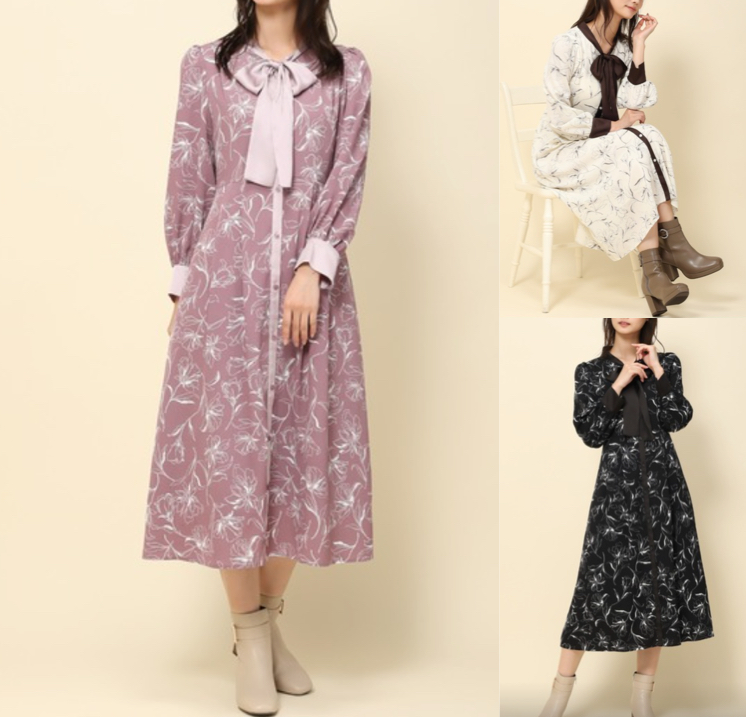 MISCH MASCHピンクのフラワー柄ボウタイワンピース