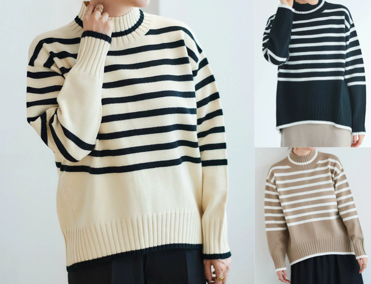 le.coeur blanc（ルクールブラン）ホワイトのボーダーハイネックニット