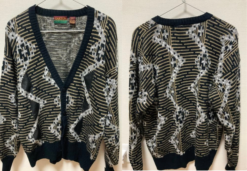 90s OAKTON LIMITED総柄ニットカーディガンブラックのカーディガン