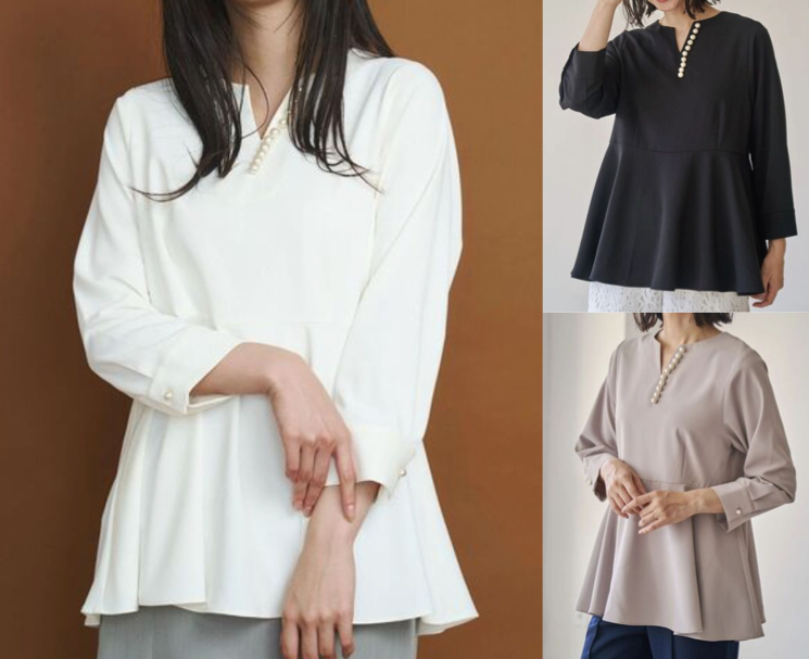 TONAL（トーナル）ホワイトのパールキーネックブラウス