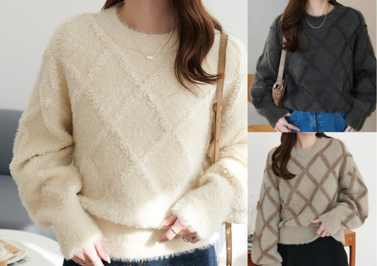 DISCOAT(ディスコート)アイボリーのダイヤ柄ニット