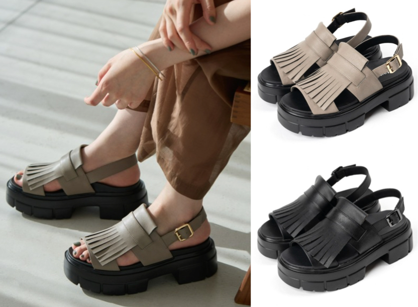 AcureZ(アキュアーズ)ベージュxブラックのフリンジデザインサンダル