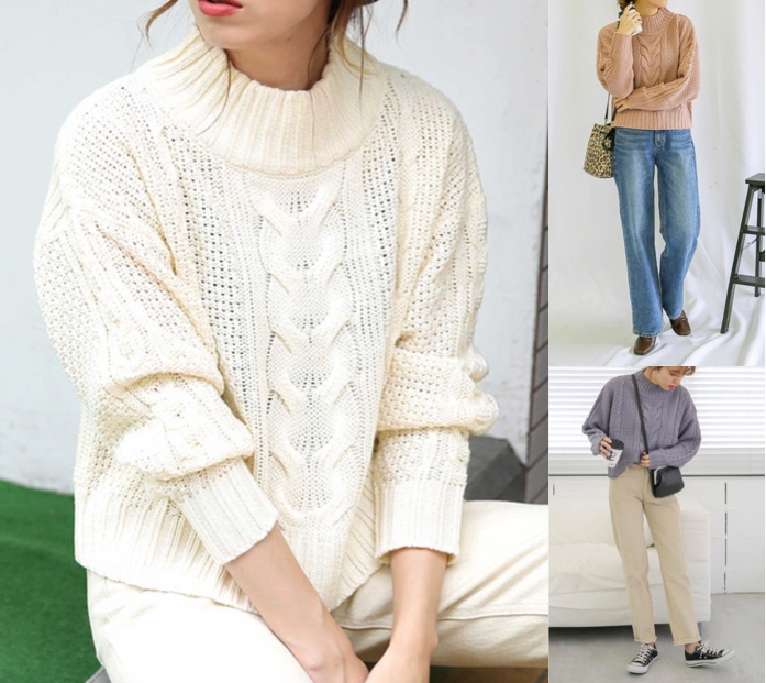 select MOCAホワイトのケーブル編みニット