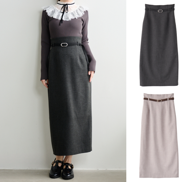 LILLIAN CARAT（リリアンカラット）チャコールグレーのビジューベルトタイトスカート