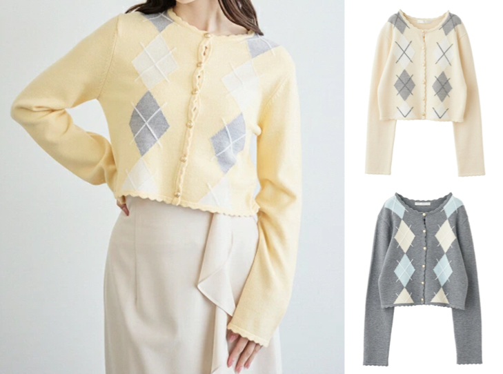 LILLIAN CARAT（リリアンカラット）イエローのアーガイルニットカーディガン