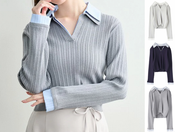 LILLIAN CARAT（リリアンカラット）ライトグレーのダブルカラーニット