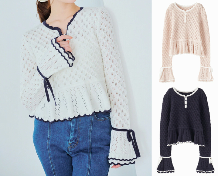 LILLIAN CARAT(リリアンカラット)ホワイトのトリミング柄ニット