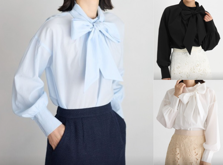 Andemiu（アンデミュウ）サックスブルーのボウタイブラウス
