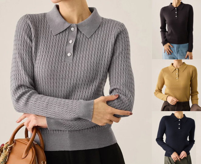 ROPÉ PICNIC（ロペピクニック）グレーのポロカラーミニケーブルニット