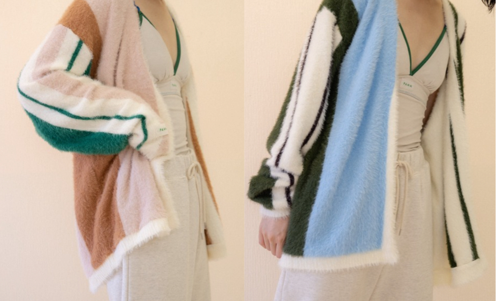 PAMM（パム）ホワイトxグリーンxブラウンのストライプカーディガン