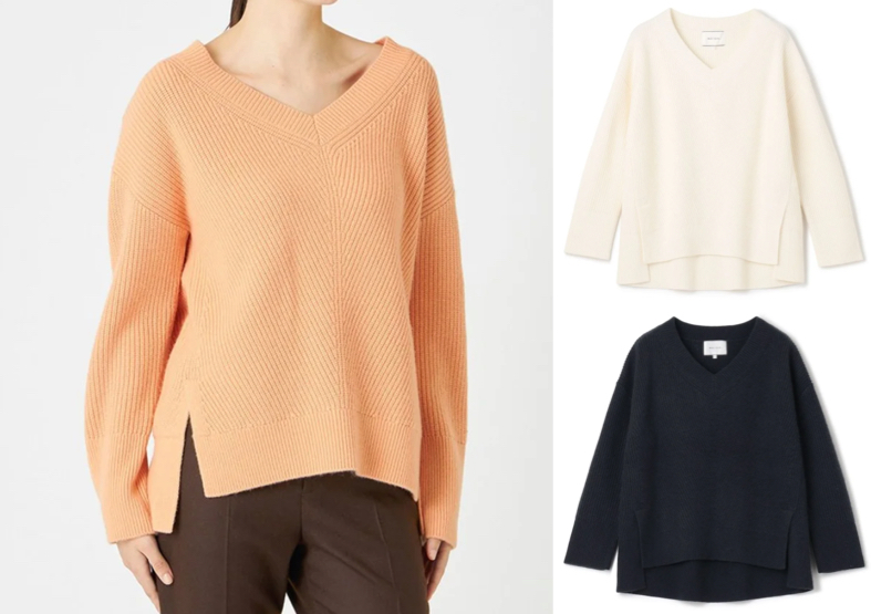 BEIGE,（ベイジ）オレンジのVネックニット