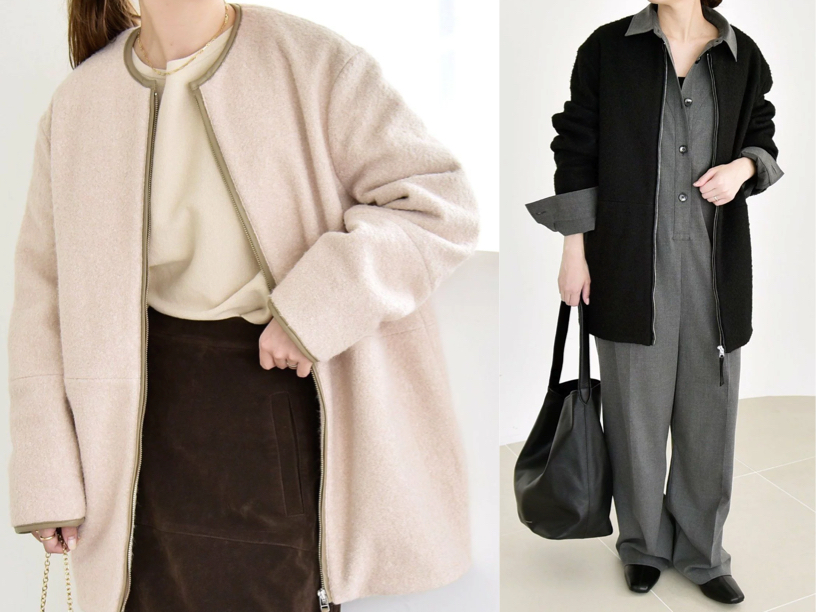 quarancielホワイトのノーカラーコート