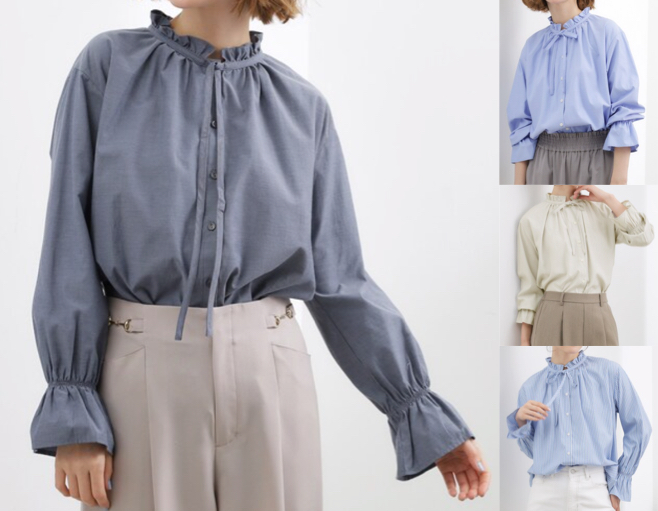 grove（グローブ）ネイビーのフリルカラーリボンブラウス