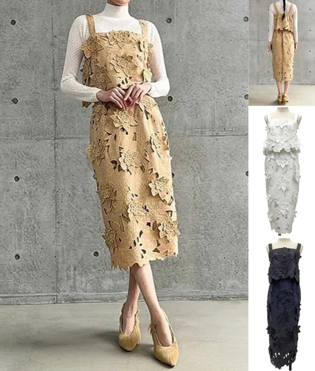 Adonisisベージュのレースデザインワンピース