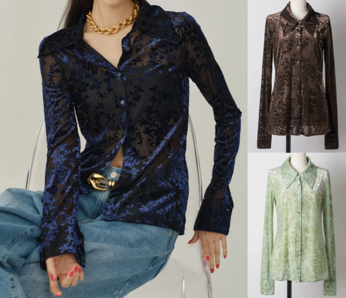 la belle Etude(ラベル エチュード)ネイビー系の花柄ベロアシアーシャツ