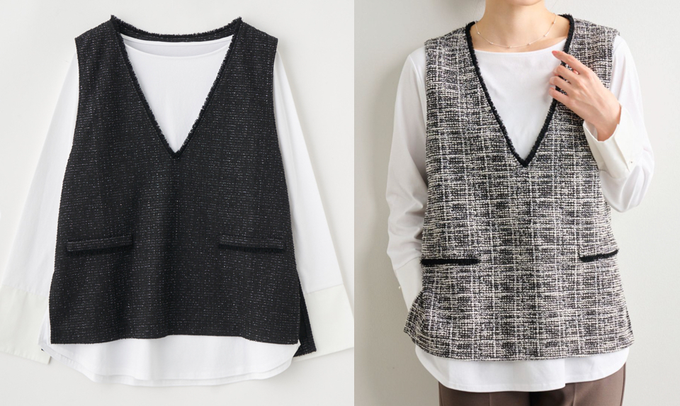 Stola.(ストラ)ブラックxホワイトのツイード風ベスト+ロンTセット