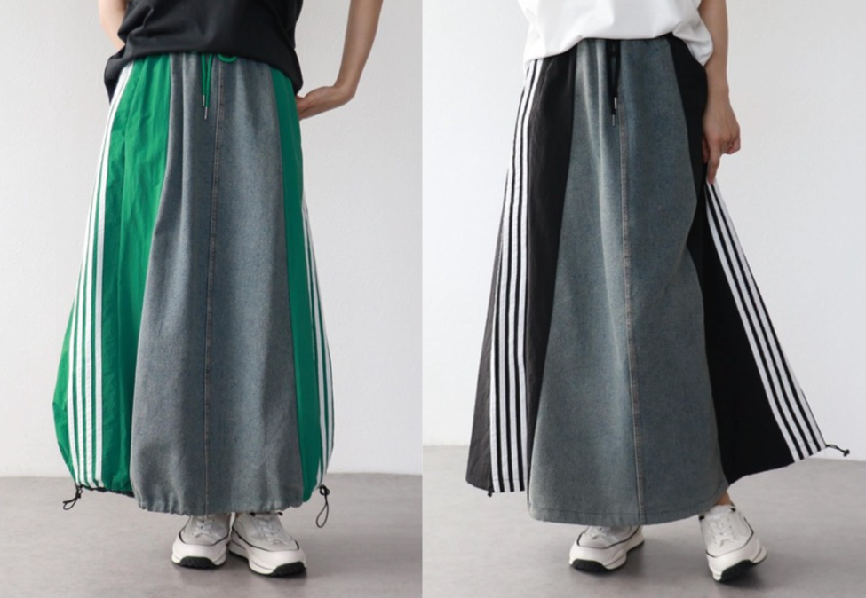 Three Four Time(スリーフォータイム)グレーxグリーンの配色サイドラインデニムスカート