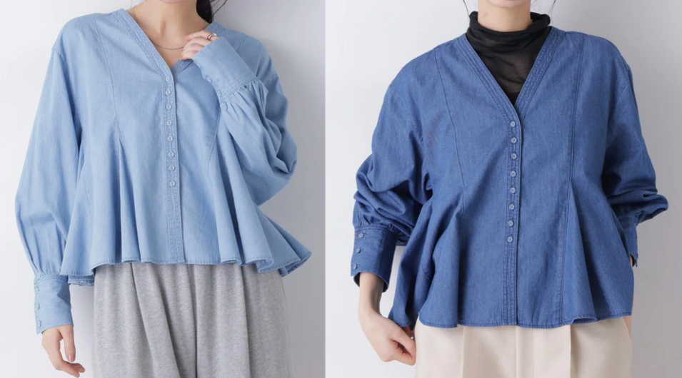 NANO universe（ナノユニバース）ネイビーのデニムフレアブラウス